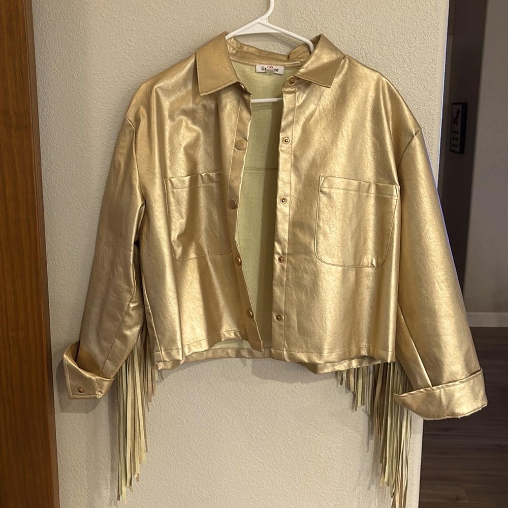 Metallic Gold Fringe Button-Front Jacket - Women